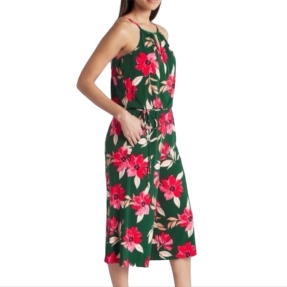 Maggy London Lottie Wide Leg Knit Crop Jumpsuit Jumper Size 4 Green Red Floral - Picture 3 of 15